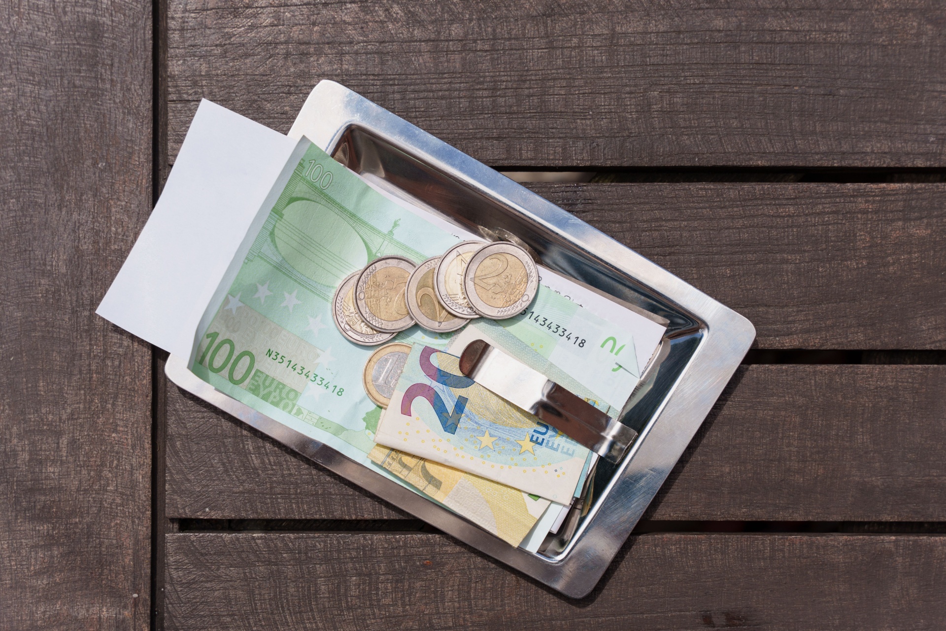 Restaurant customer leaves tips to the waiter, generous tips with cash and coins in the check tray. Cash payment for privacy and anonymity in the world of banking and credit cards