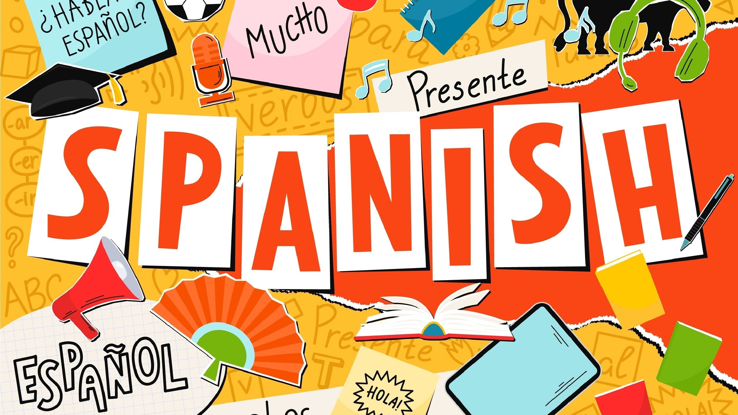 Spanish. Language collage. Hablas Espanol? Hallo...Translation: "Do you speak Spanish, hello; Present, Spanish, language, Future, a lot, for, verbs"