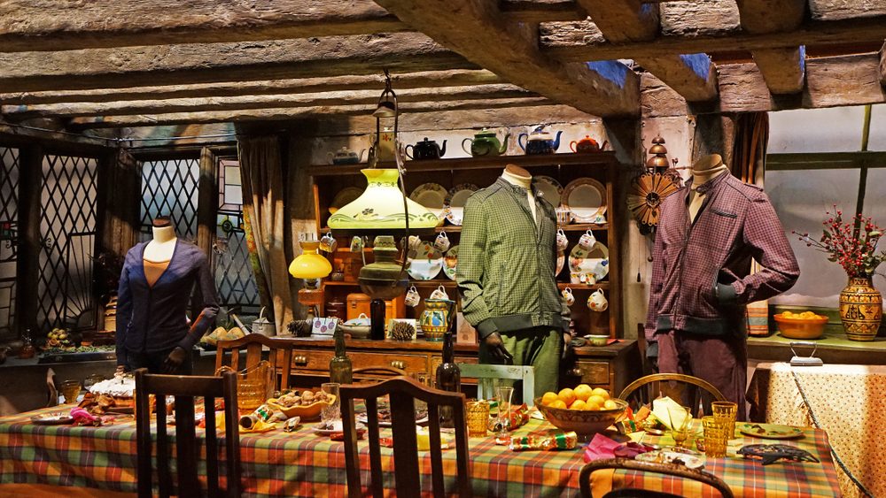 LEAVESDEN,UNITED KINGDOM-DECEMBER 28,2018:Interior decoration of The Burrow (Weasley's house) kitchen and costumes,The Making of Harry Potter at the Warner Brothers Studio tour -London,UK