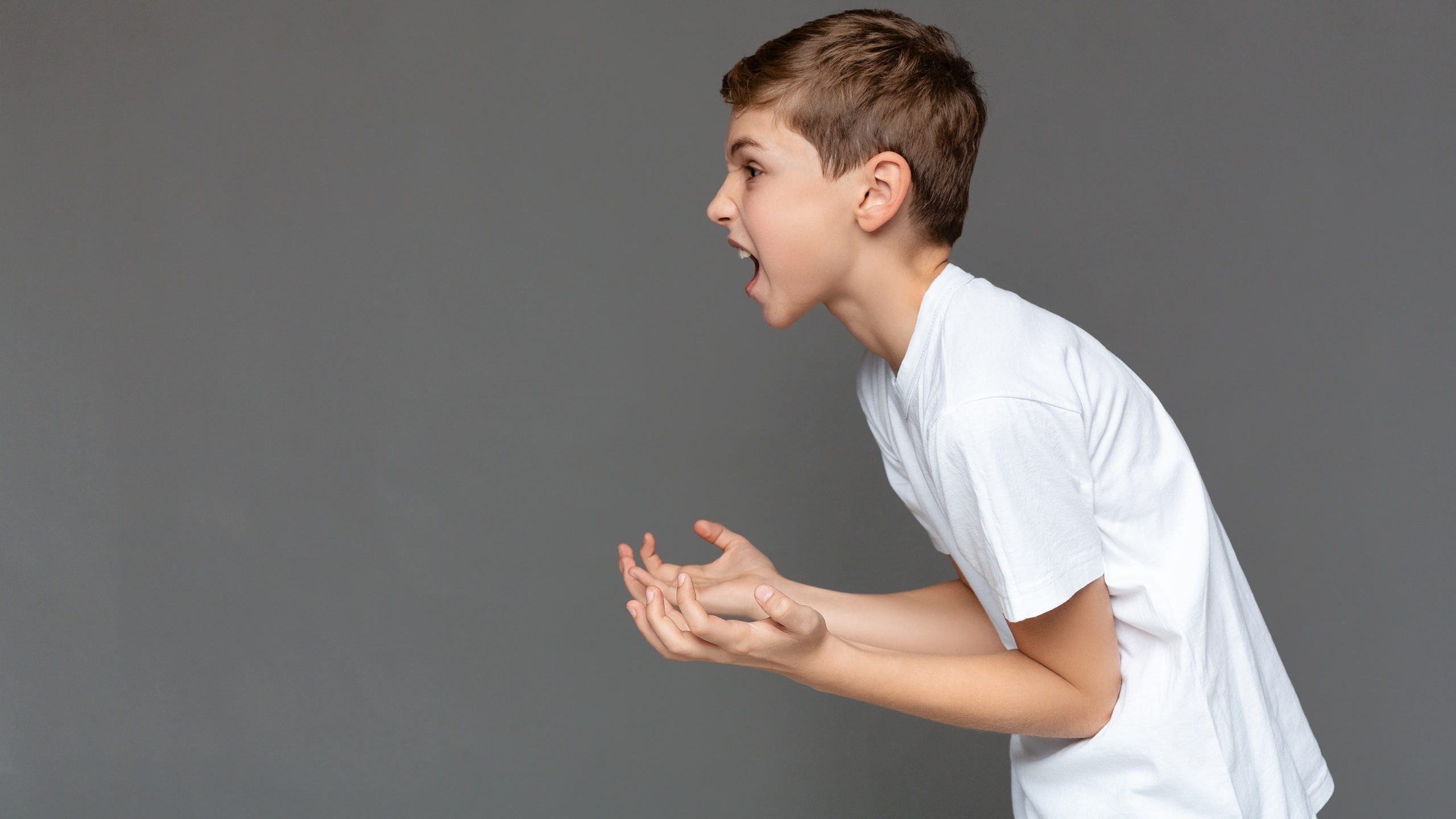 Awkward age. Angry emotional boy screaming and gesturing with hands in air, side view, gray studio background with free space