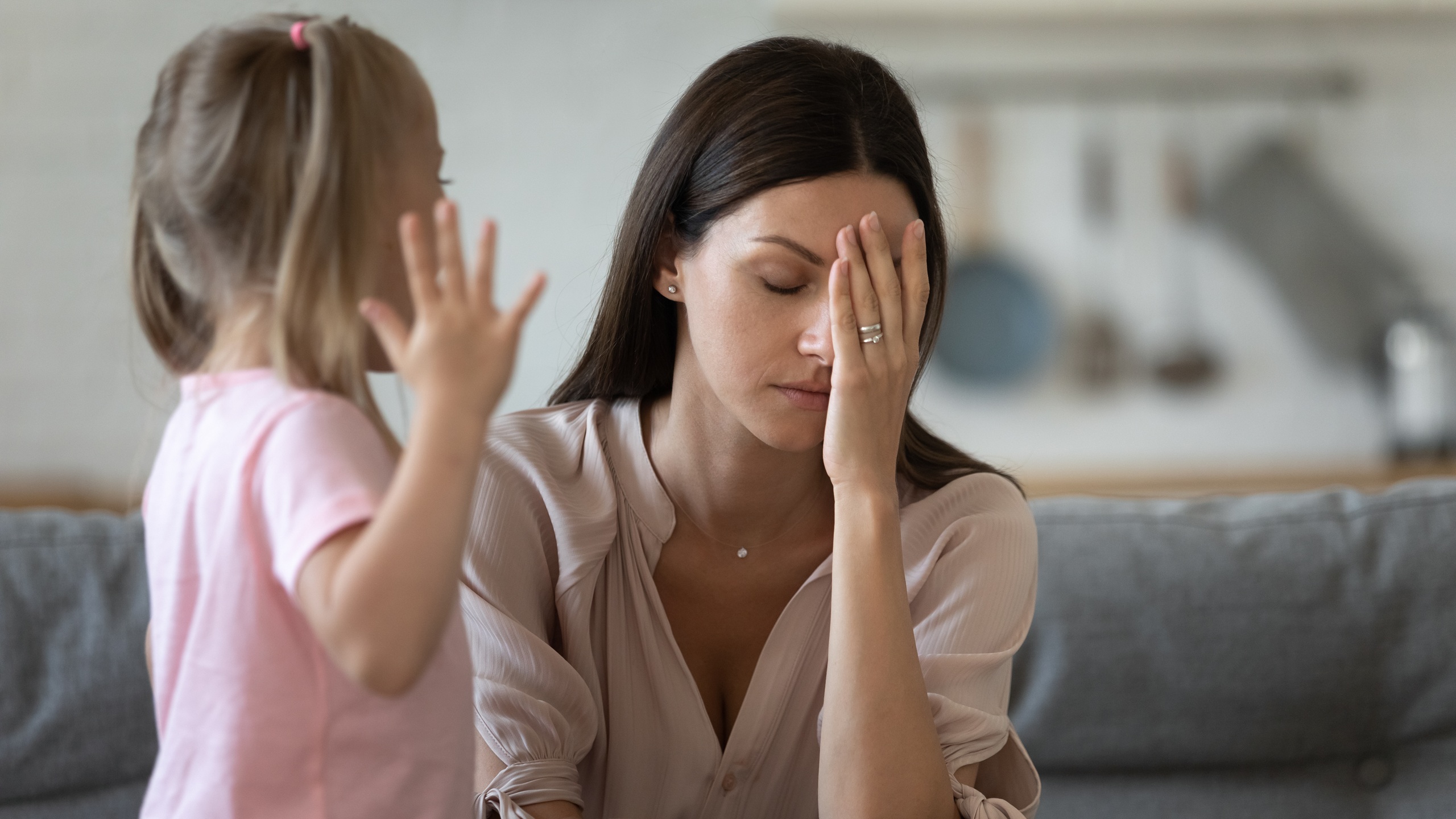 Tired single mother feel stressed desperate about screaming stubborn kid daughter tantrum, frustrated depressed young adult mom annoyed by naughty difficult rebellious child girl problems concept