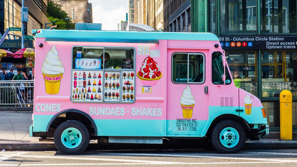 NEW YORK, USA - September 26, 2018: Pink and blue Ice Cream Truck on streets of Manhattan. Cones, Sundaes, Ice-cream and Shakes seller. 