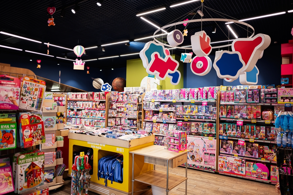 Lviv, Ukraine - March 19, 2025: Colorful display of toys and games in a modern and vibrant toy store