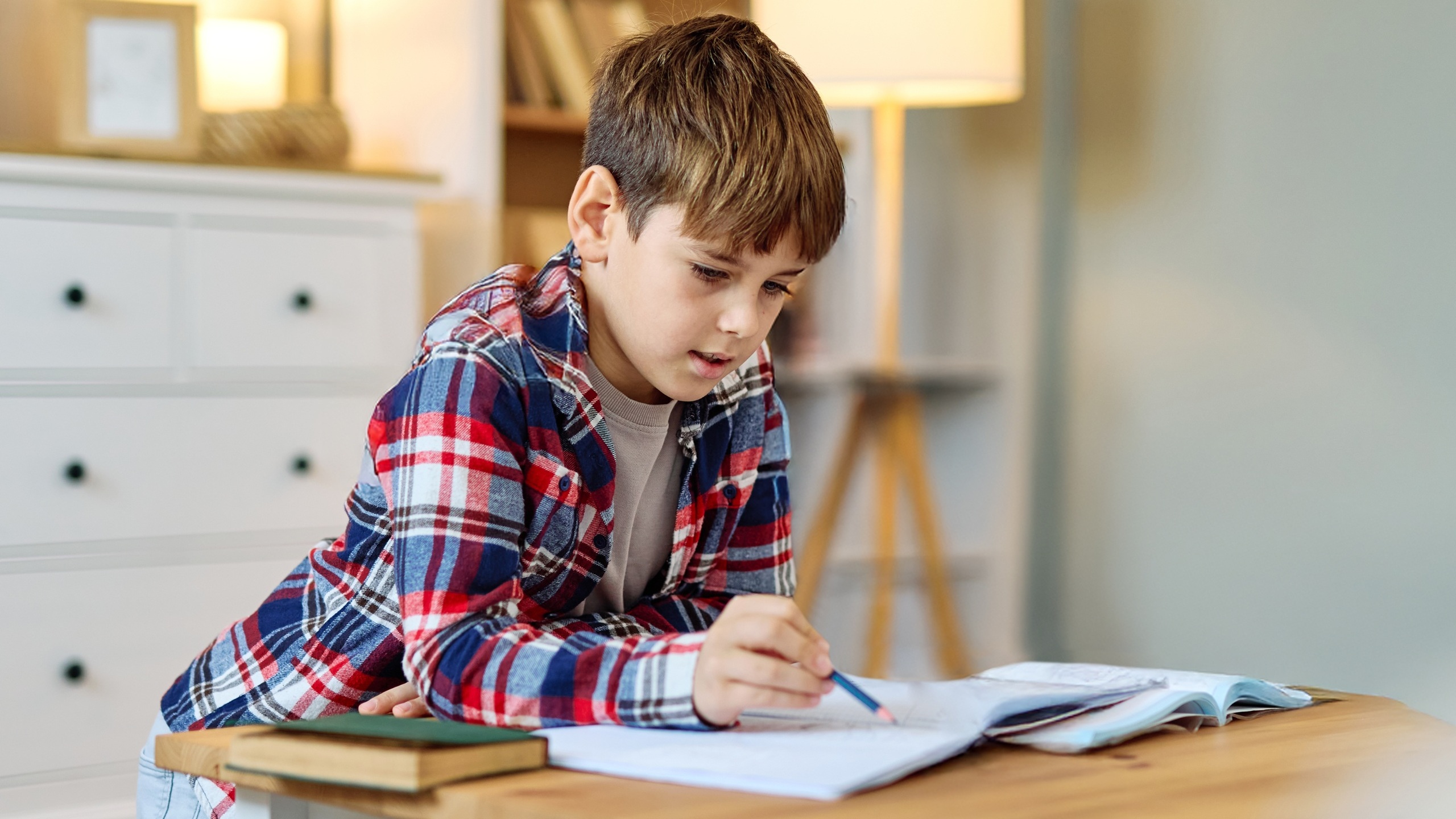 Portrait of a teenage boy doing homework at home, Concentrated beautiful male white child writing in hisnotebook. Focused caucasian schoolboy studying and preparing for exams
