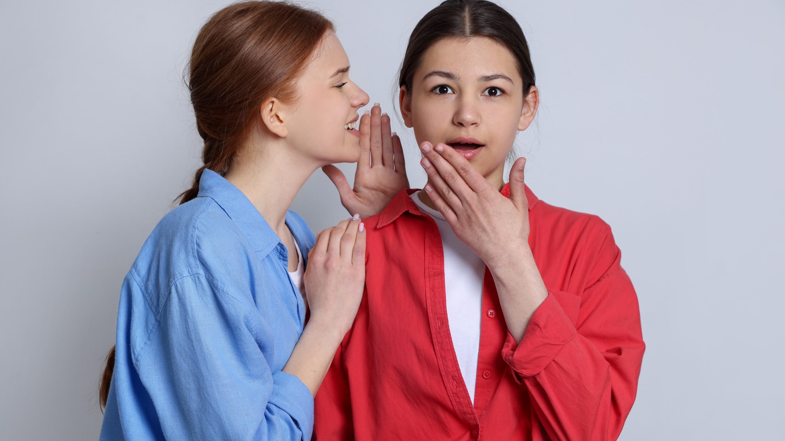 Portrait of teenage girls gossiping on light grey background