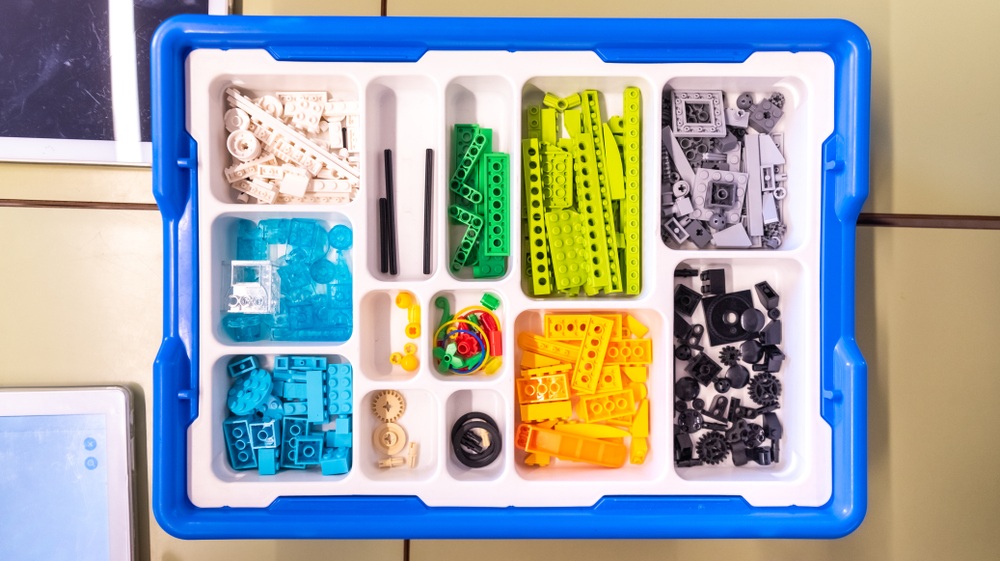 Valencia, Spain - April 13, 2019: Box with pieces to create Robots with programmable Lego WeDo blocks.