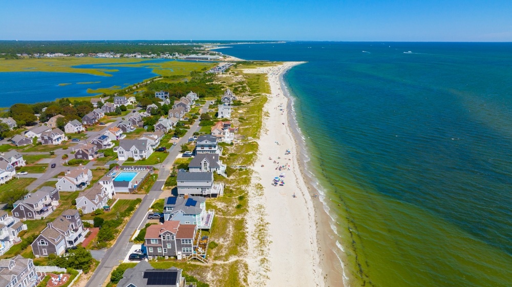 Seagull Beach aerial view in summer in West Yarmouth, Cape Cod, Massachusetts MA, USA.
