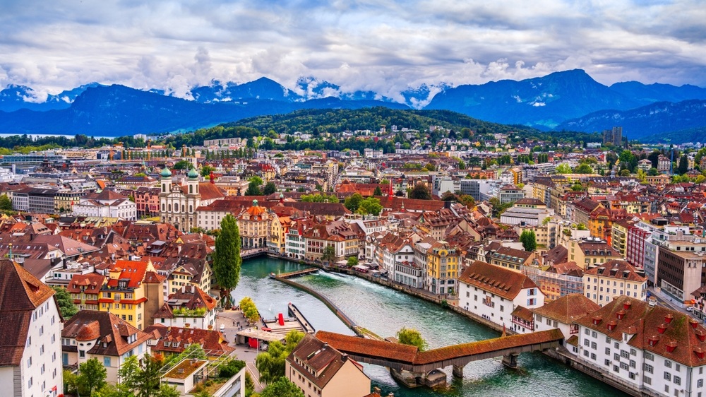 Lucerne, Switzerland aerial view over the Ruess River.