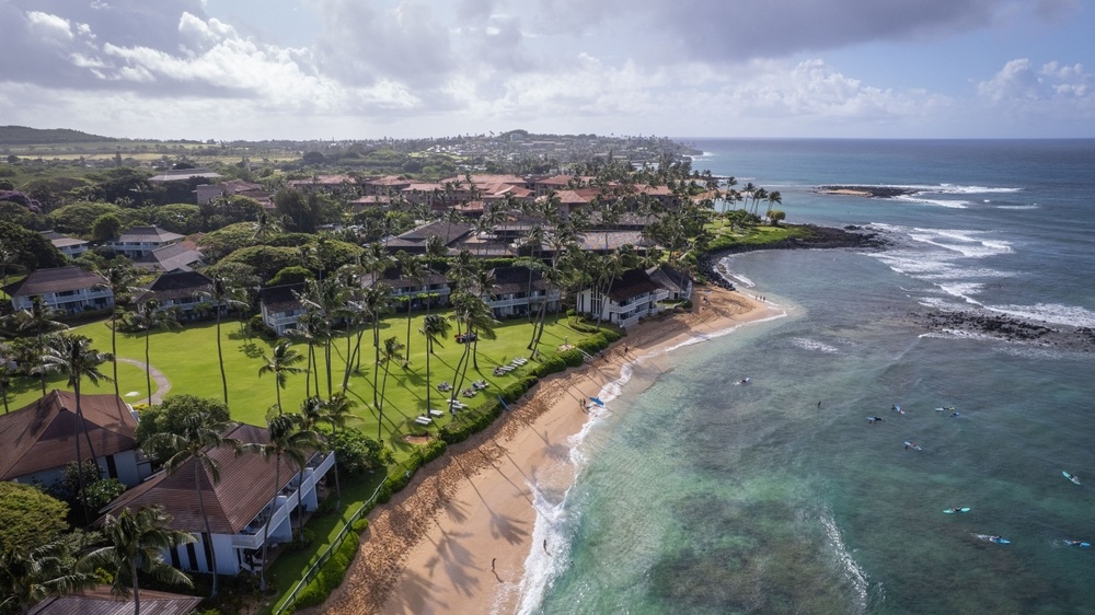 Aerial view of a tropical beach with palm trees and oceanfront houses in Kauai, Hawaii, showcasing clear water and surfers enjoying the waves.